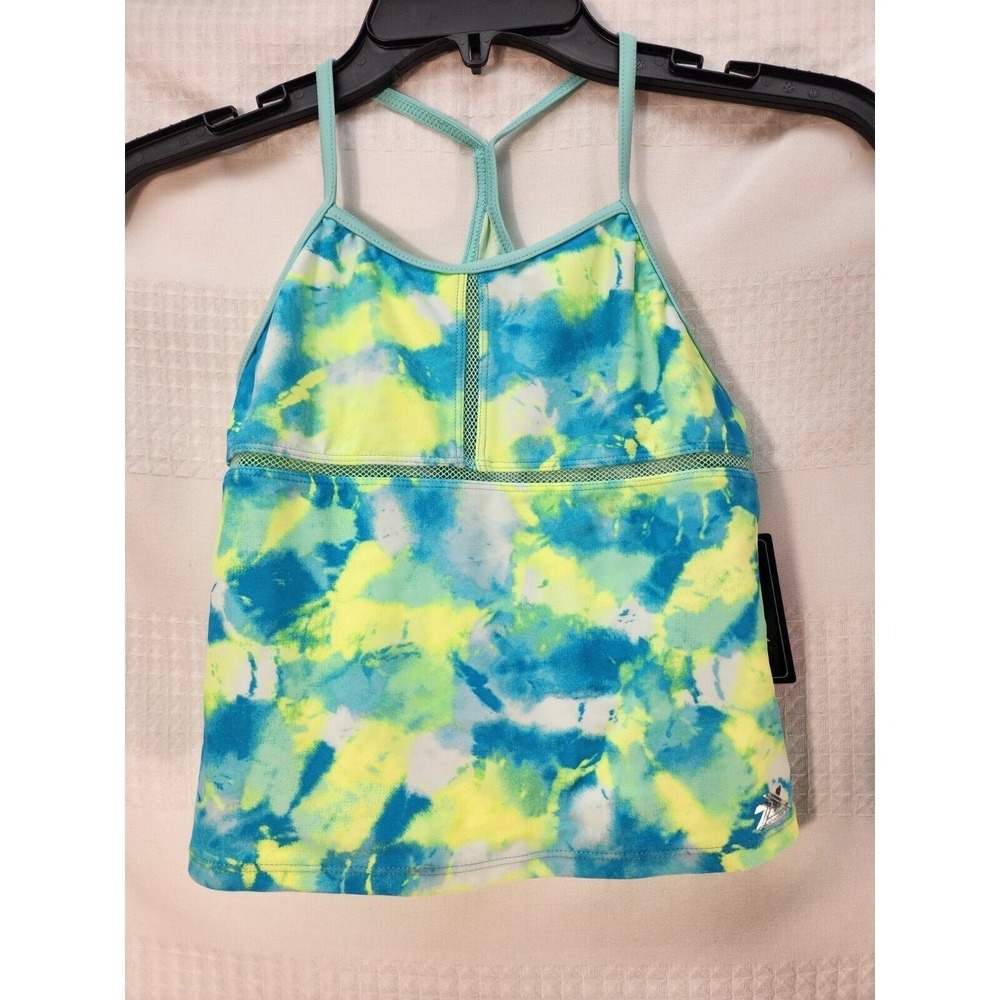 ZeroXposur Girls Tankini Swim Top Size 14 Neon Green Blue Floral 1579